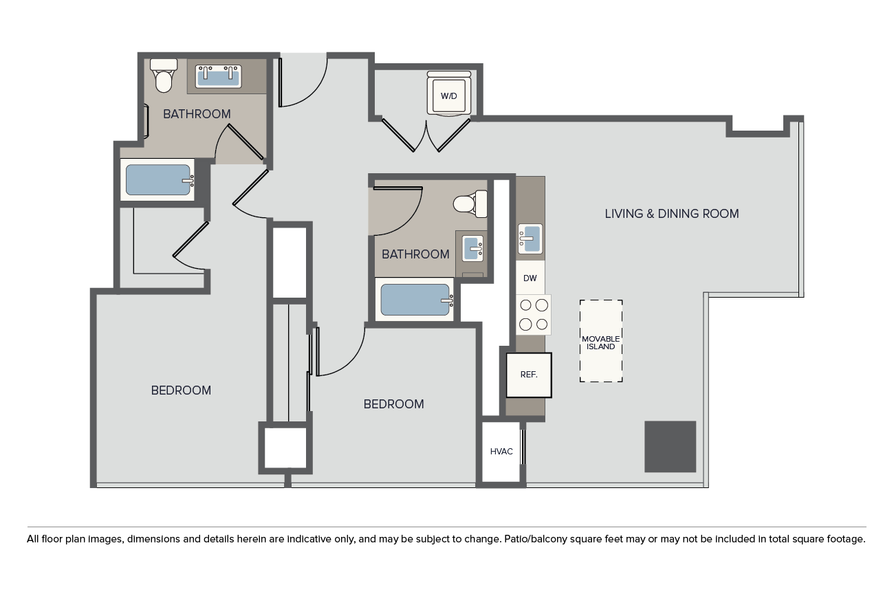 Floor plan for 2 beds, 2 baths, 1104 sqft